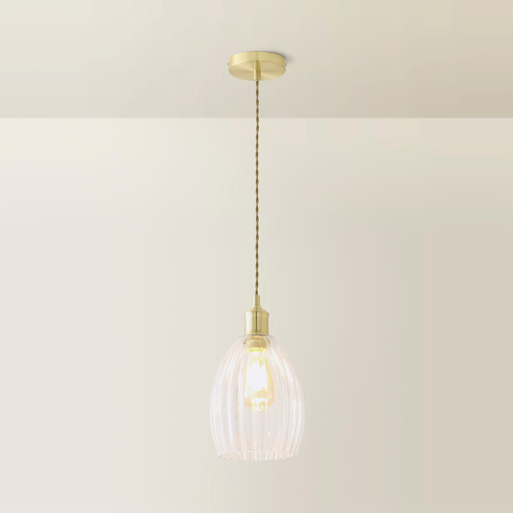 ValueLights Cheltenham Ribbed Shade Brushed Gold Ceiling Pendant Light with Bulb Image 5