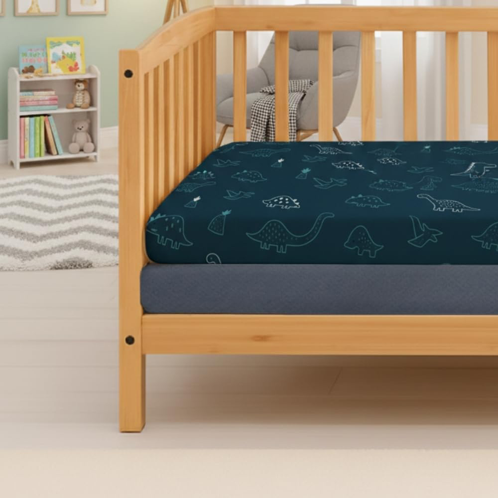 MHG Living Denim Blue and Dino Jersey Cotton Fitted Cot Bed Sheet 140 x 70cm 2 Pack Image 2