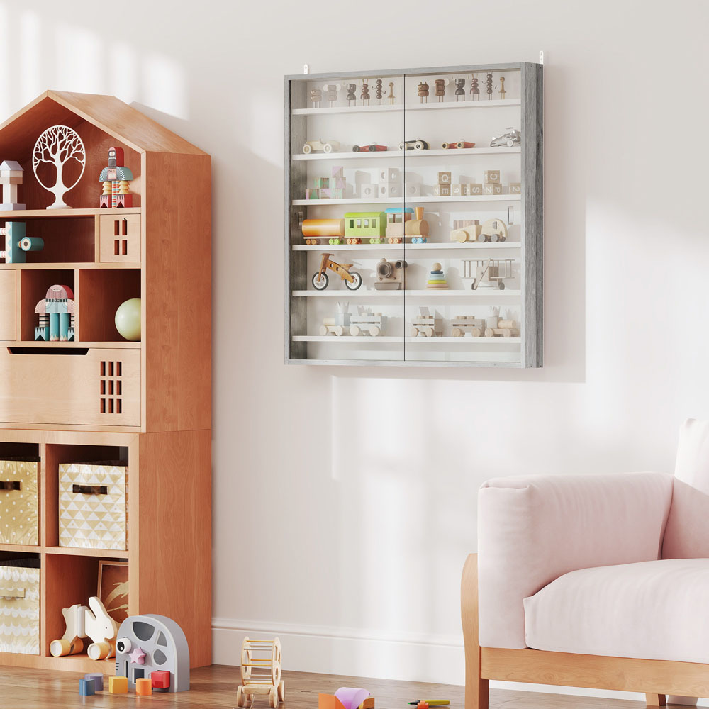 HOMCOM 7-Tier Glass Doors Graphite Wood Effect Wall Display Cabinet Image 3