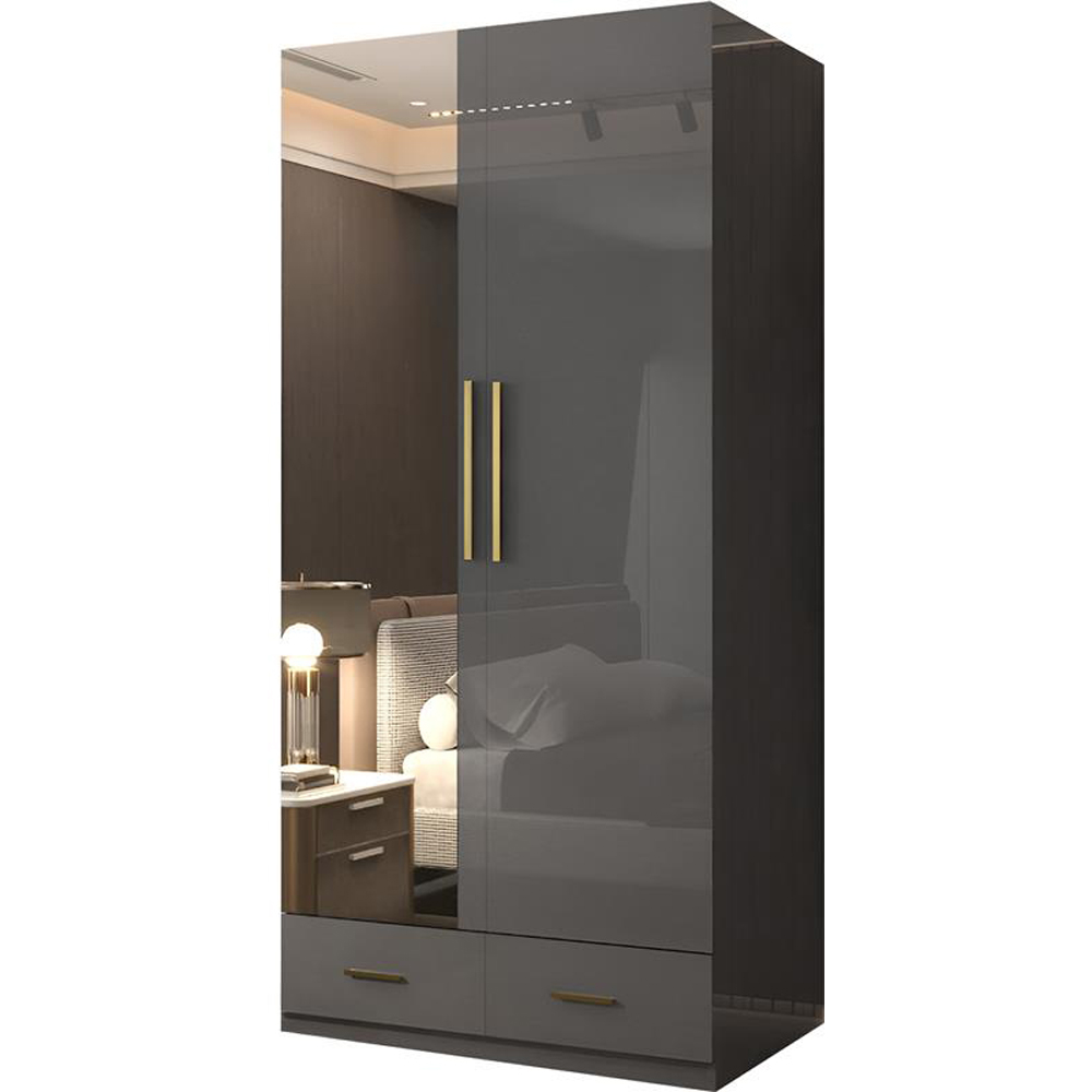 Sliding Wardrobes 4U XD4 2 Door 2 Drawer Grey High Gloss Gold Handle Mirror Wardrobe Image 2
