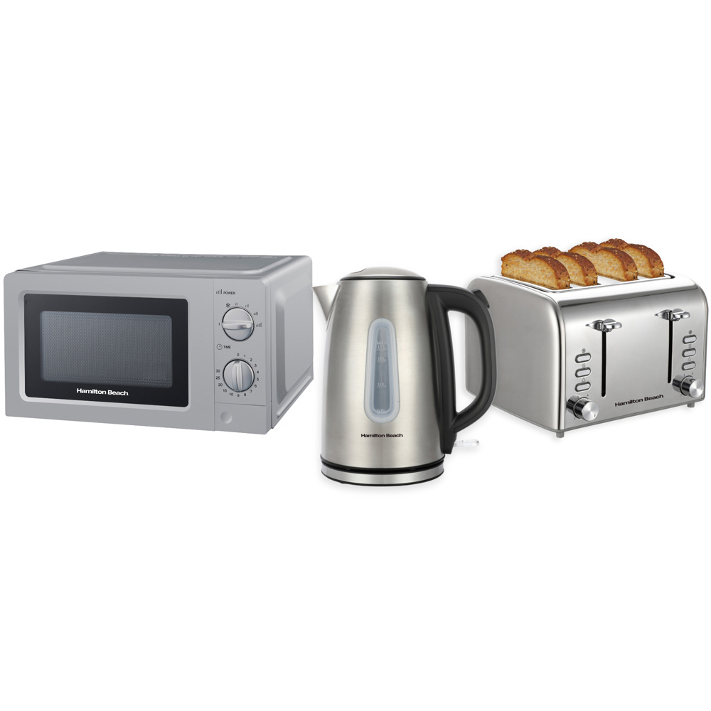Hamilton Beach HBKTMB Rise Brushed 1.7L Kettle 4 Slice Toaster and Microwave Kitchen Bundle Wilko