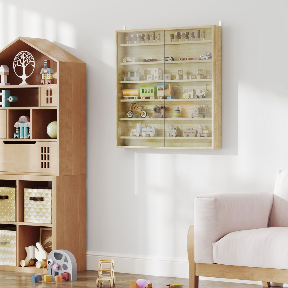 HOMCOM 7-Tier Glass Doors Oak Wall Display Cabinet Image 3
