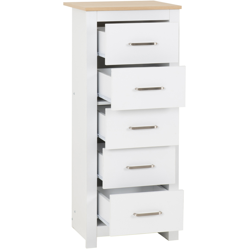 Seconique Portland 5 Drawer White and Oak Effect Narrow Chest of Drawers Image 3