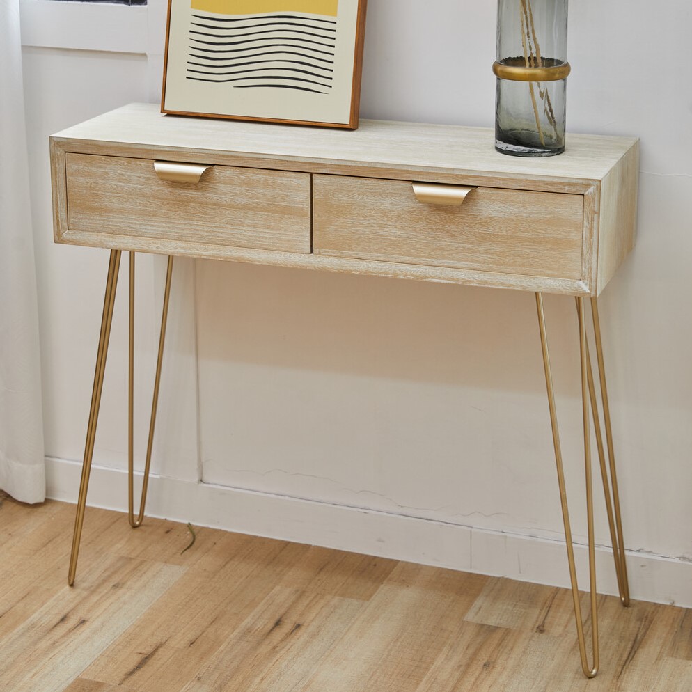 2 Drawer Gold and Washed Wood Effect Desk Image