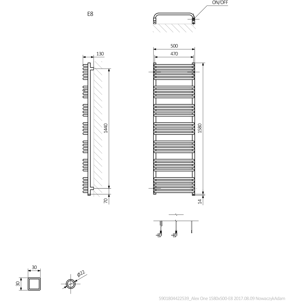 Terma Alex One 2728BTU Brass Electric Towel Rail 1580 x 500mm Image 9
