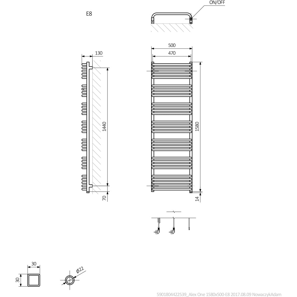 Terma Alex One 2728BTU Modern Grey Electric Towel Rail 1580 x 500mm Image 9