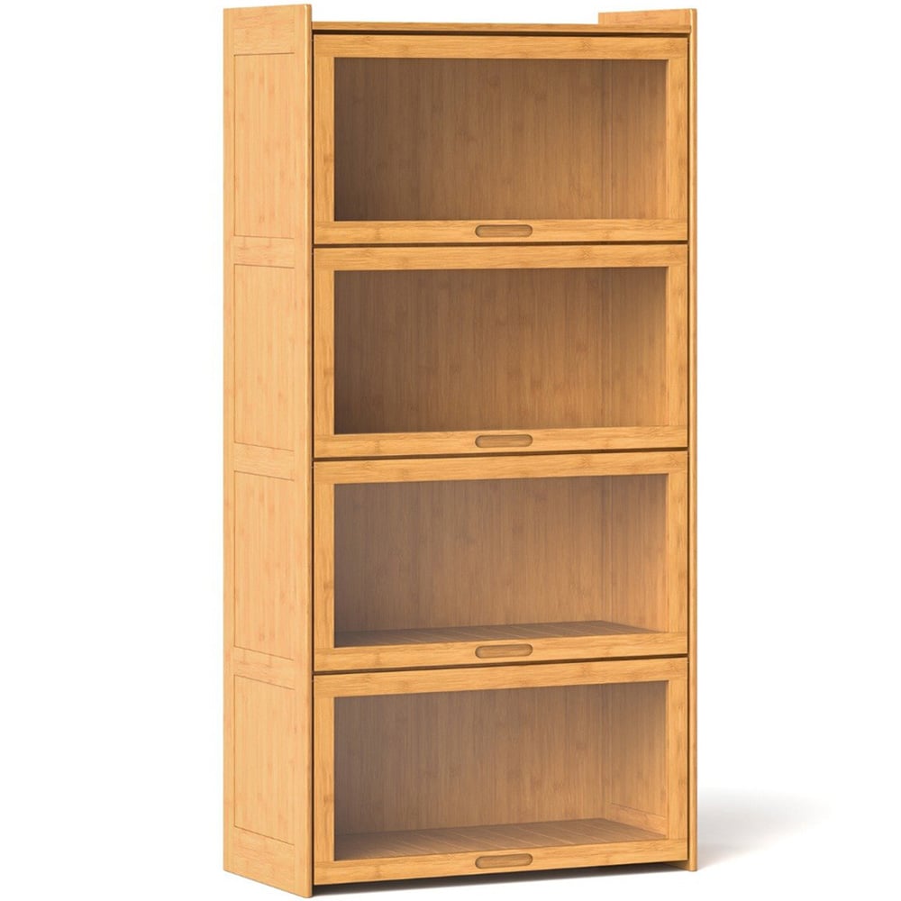 Costway 4 Shelf Natural Bamboo Bookcase with Acrylic Doors Image 2