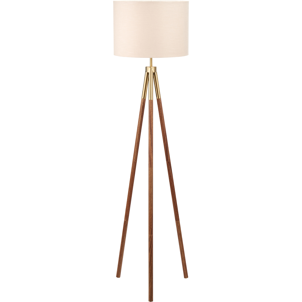 Pacific Lifestyle Vali Gold Metal and Brown Wood Grain Tripod Floor Lamp Image 1