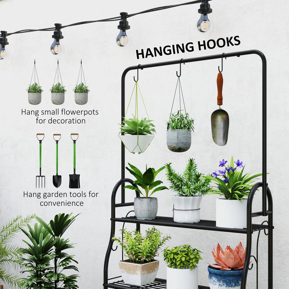 Outsunny 3 Tier Black Garden Plant Stand with Hanging Hooks Image 8