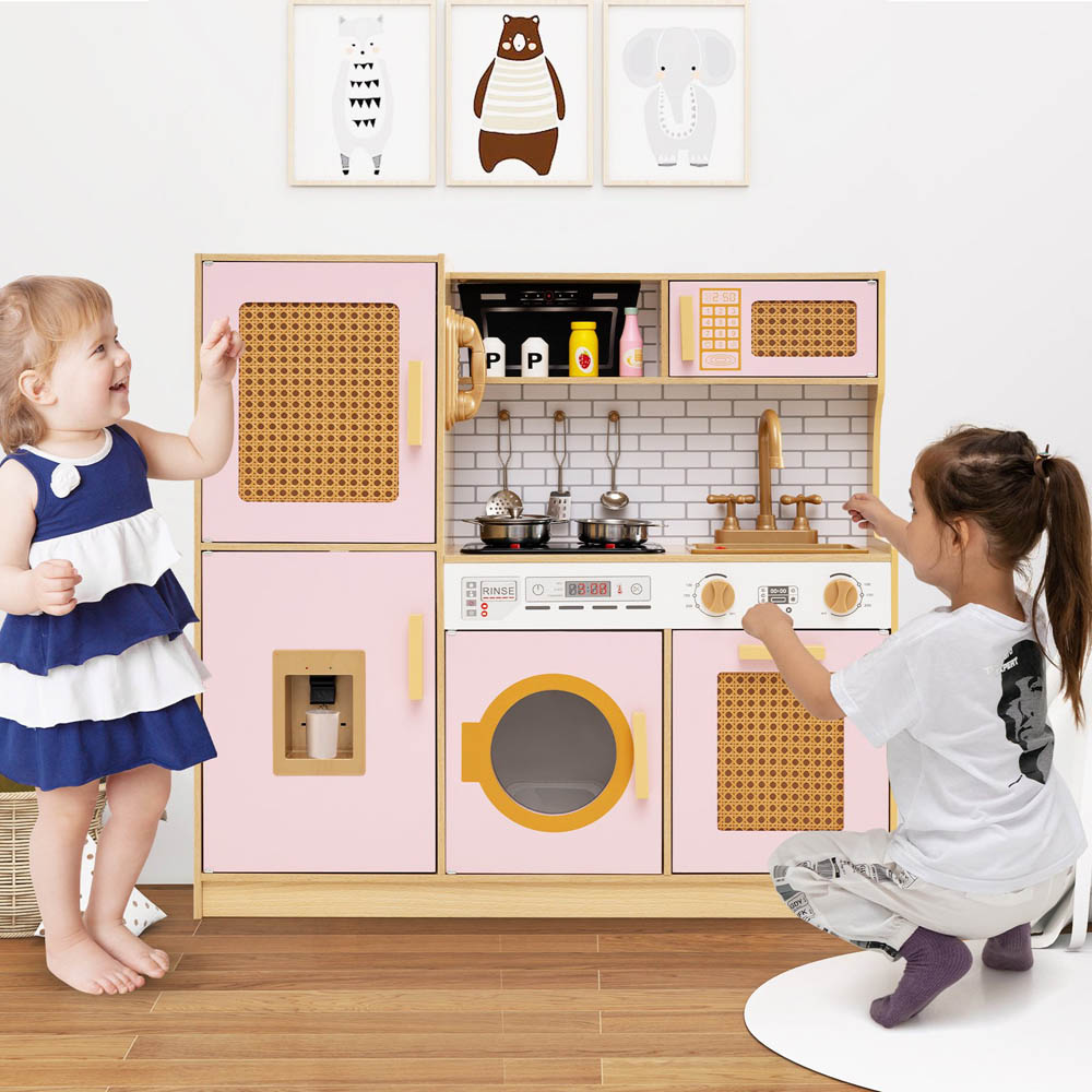 Costway Kids Pink Wooden Kitchen Playset with Stove and Water Dispenser Image 2