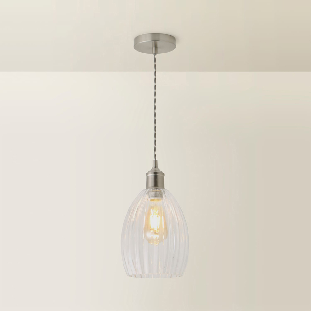ValueLights Cheltenham Ribbed Shade Brushed Chrome Ceiling Pendant Light with Bulb Image 5
