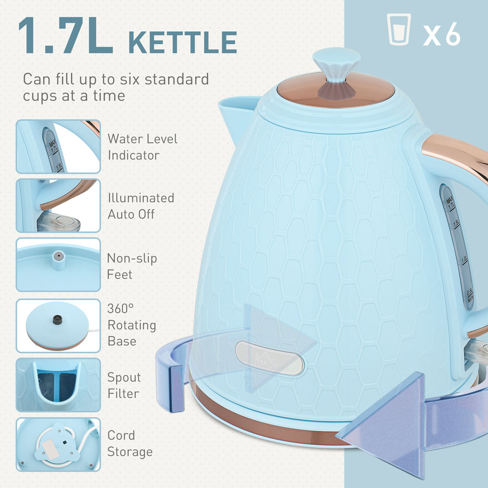 HOMCOM 800-181V70LB Light Blue 1.7L Kettle and 2 Slice Toaster Set Image 8