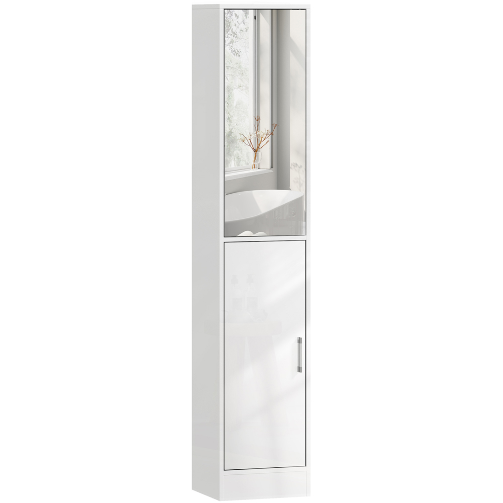Kleankin Single Door High Gloss White Tall Bathroom Cabinet with Mirror Image 2