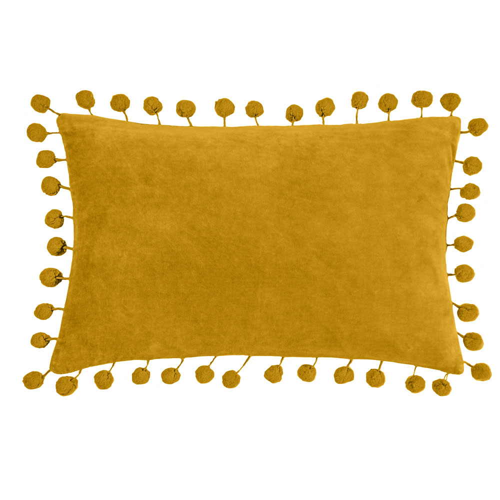 furn. Dora Ochre Velvet Pom Pom Cushion Image 1