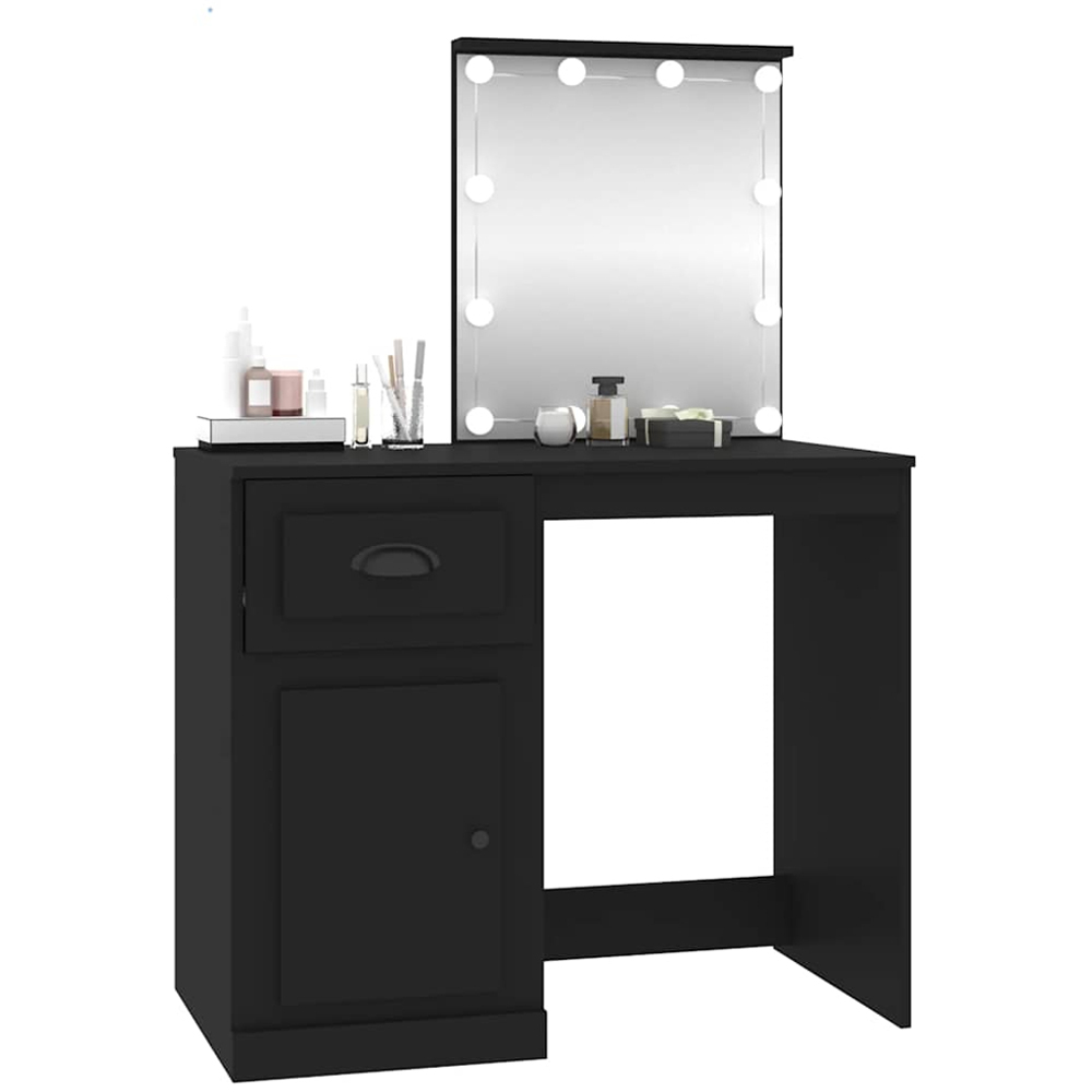 vidaXL Single Door Single Drawer Black Dressing Table with LED Mirror Image 4