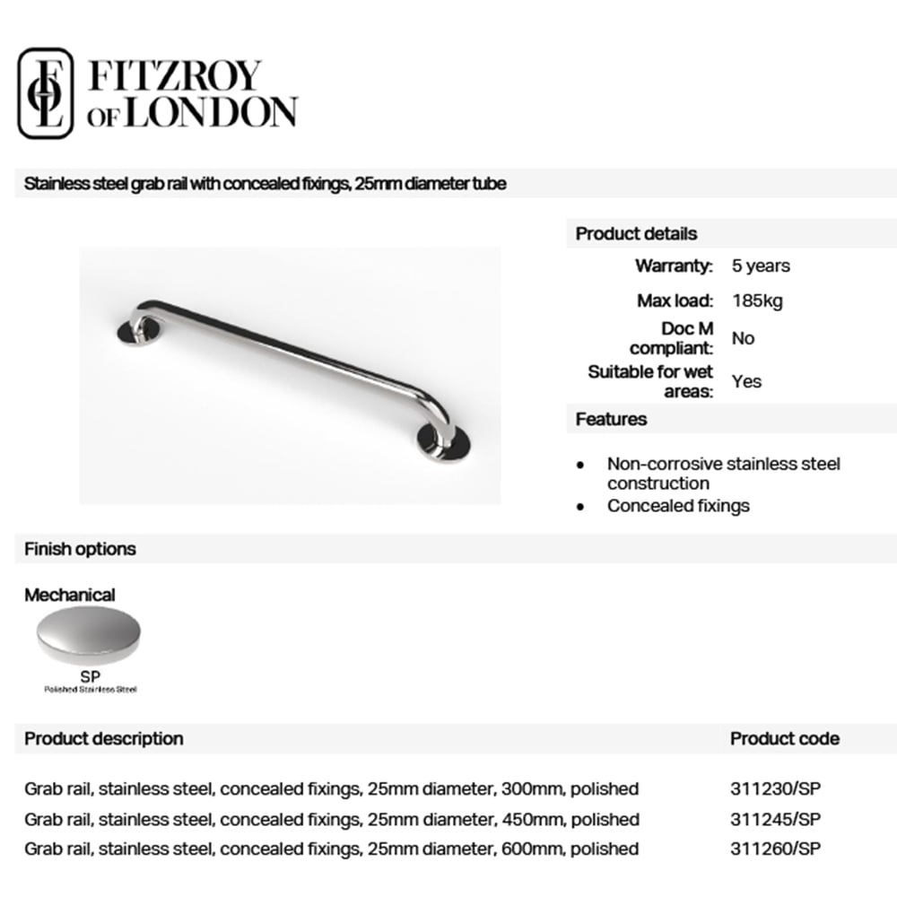 Fitzroy of London Polished Stainless Steel Concealed Fixing Grab Rail 25 x 450mm Image 2