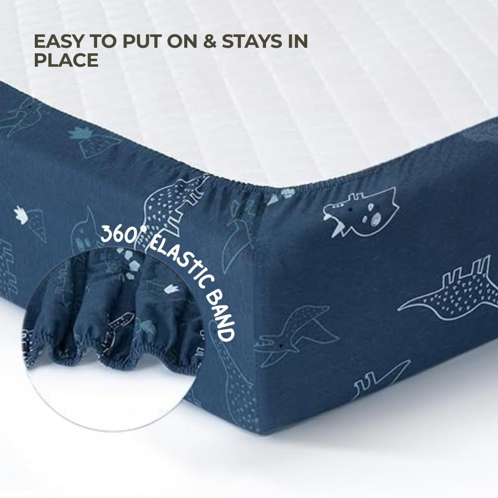 MHG Living Denim Blue and Dino Jersey Cotton Fitted Cot Bed Sheet 140 x 70cm 2 Pack Image 7