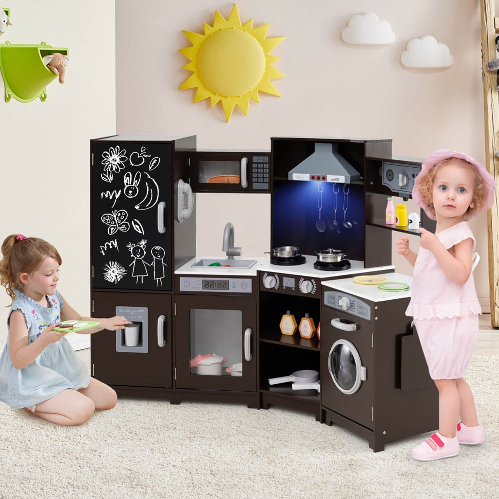Costway Kids Espresso Wooden Corner Kitchen Playset with Lights and Sounds Image 2