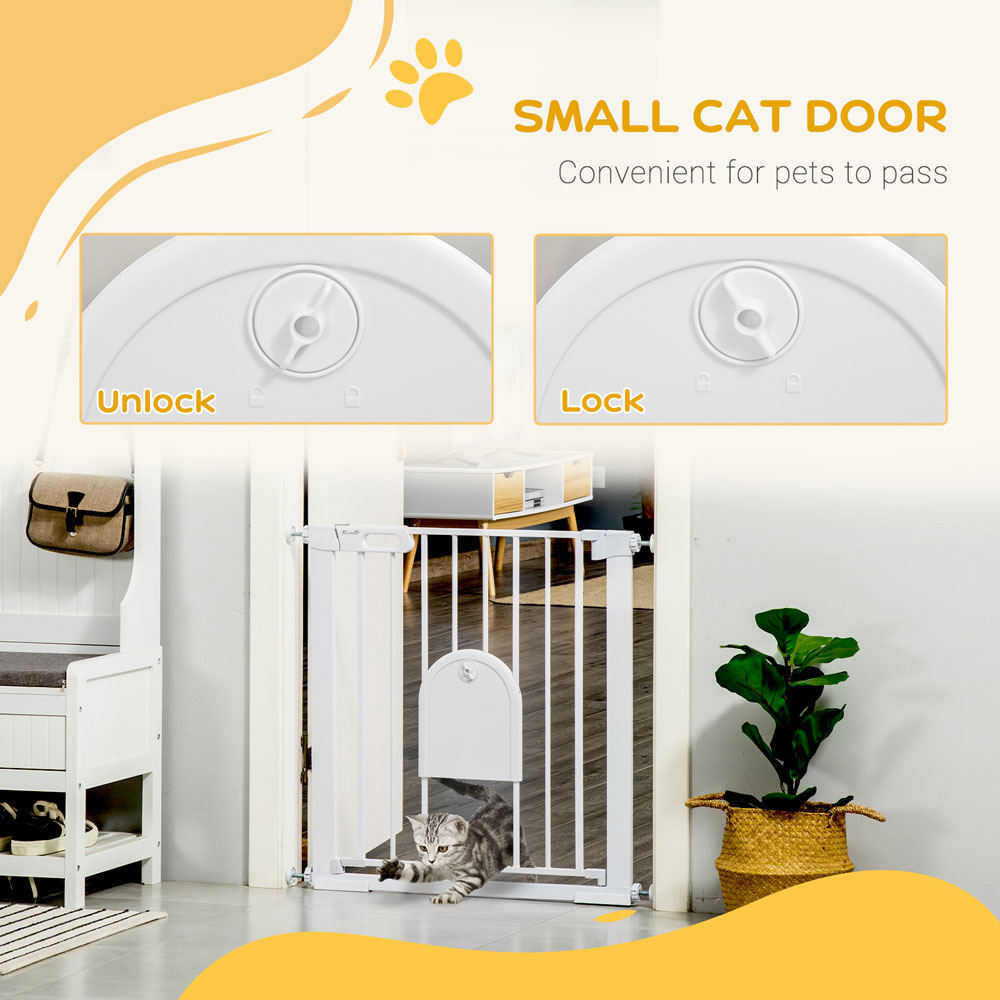 PawHut White 75-82cm Stair Pressure Fit Pet Safety Gate with Small Cat Flap Image 6