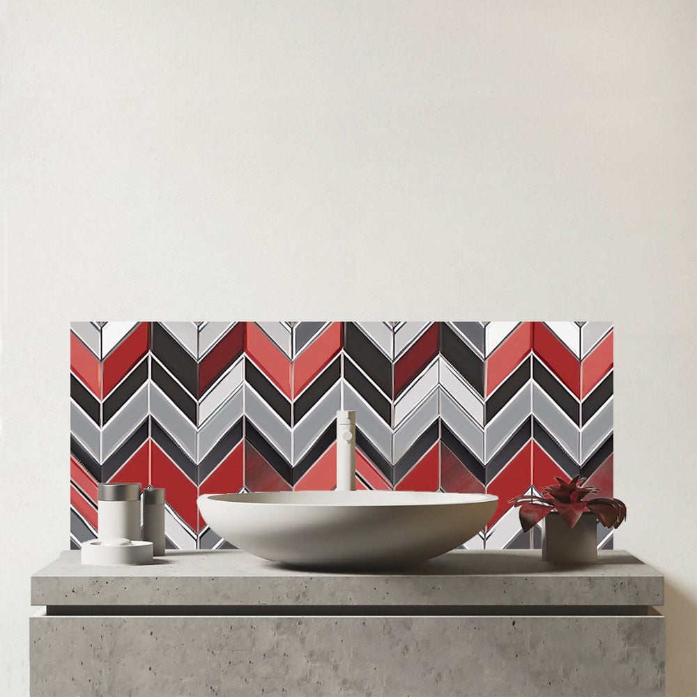 Warren Reed Designer Red Grey Geometric Pattern Glass Bathroom Splashback 25 x 60cm Image 1