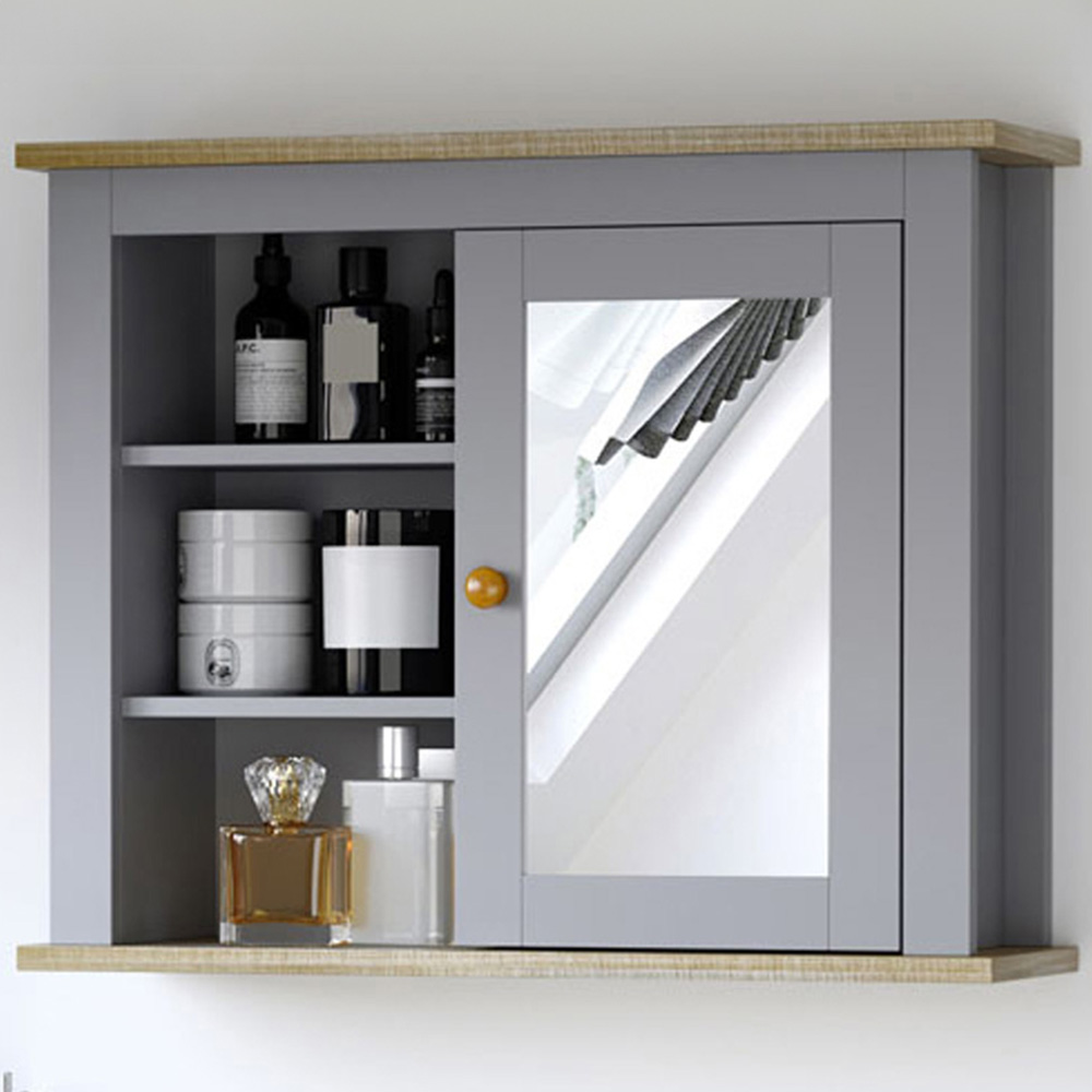 Kleankin Grey and Brown Single Door Mirror Bathroom Cabinet Image 1