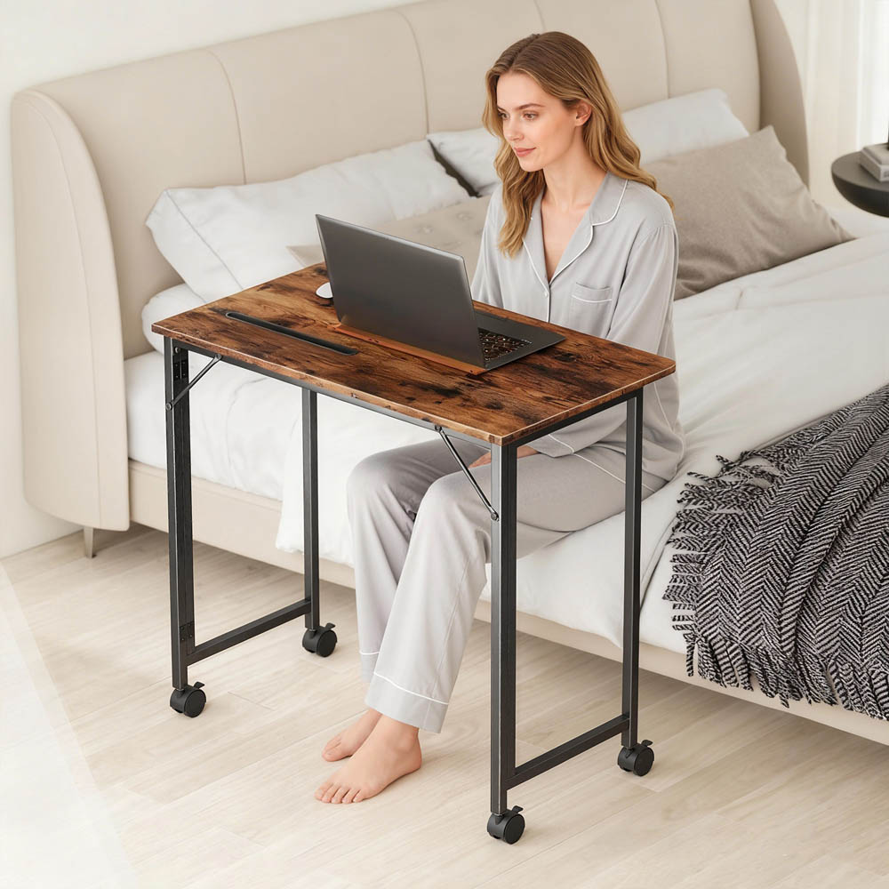 Portland Foldable Small Writing Desk with Wheels Rustic Brown Image 4