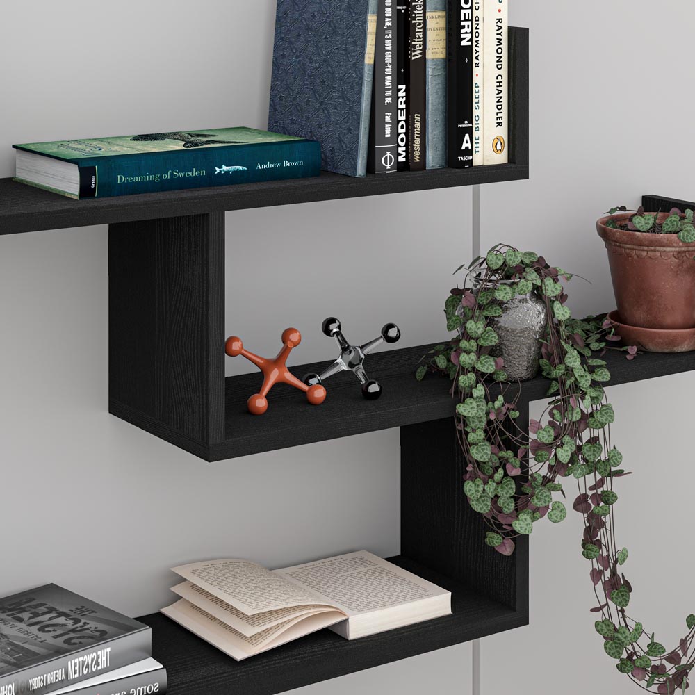 Decortie Tibet 3 Shelf Black Wood Zigzag Wall Mounted Bookcase Image 4