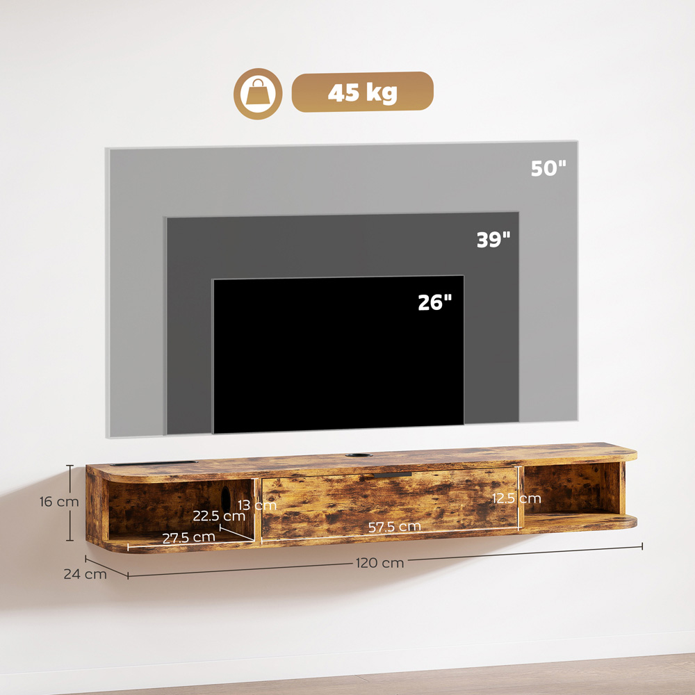 Portland 120cm Single Door 2 Shelf Rustic Brown Floating TV Unit Image 9