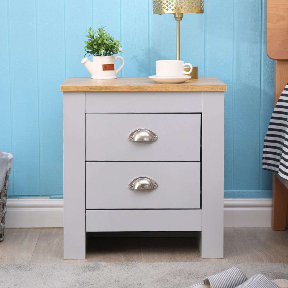 FurnitureHMD 2 Drawer Grey and Oak Effect Wooden Bedside Table Set of 2 Image 6