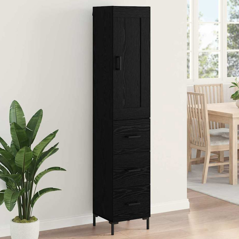 vidaXL Single Door 3 Drawer Black Oak Tall Slim Highboard with Metal Legs Image 1