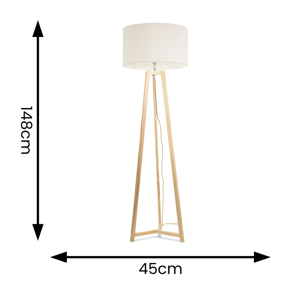 ValueLights Lottie Cream Boucle Drum Shade Natural Wood Tripod LED Floor Lamp Image 4