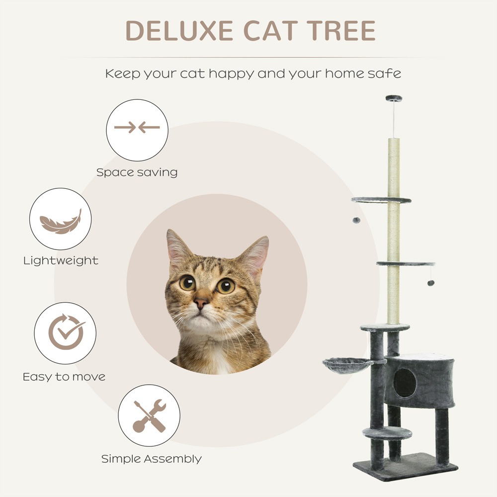 PawHut 5 Tier Grey Sisal Cat Tree Tower with Scratching Post Image 5