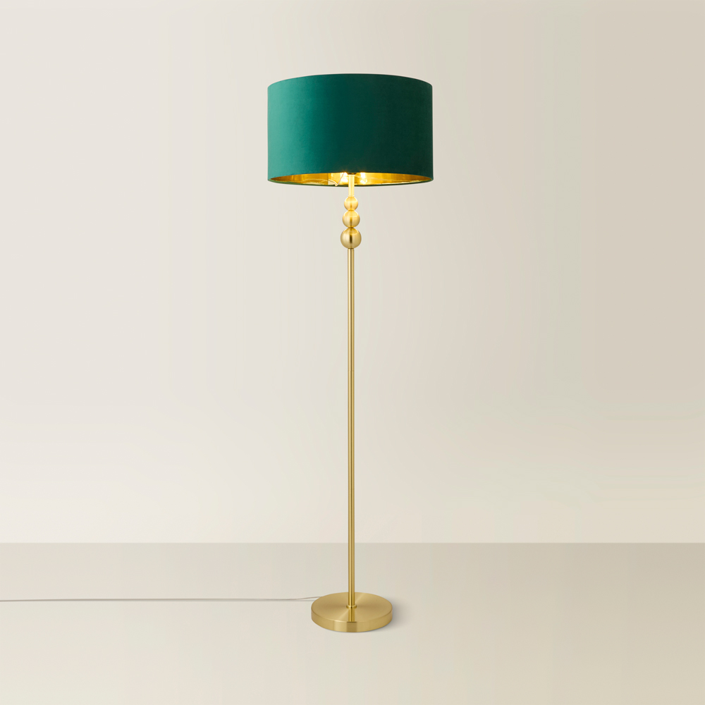 ValueLight Marissa Forest Green Velvet Gold Inner Shade Gold Stacked Ball LED Floor Lamp Image 5