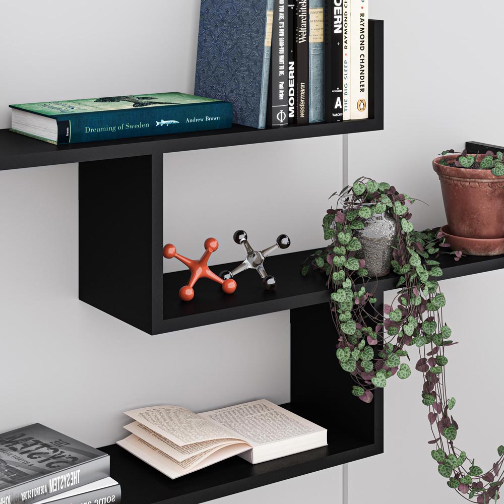 Decortie Tibet 3 Shelf Black Bute Zigzag Wall Mounted Bookcase Image 4