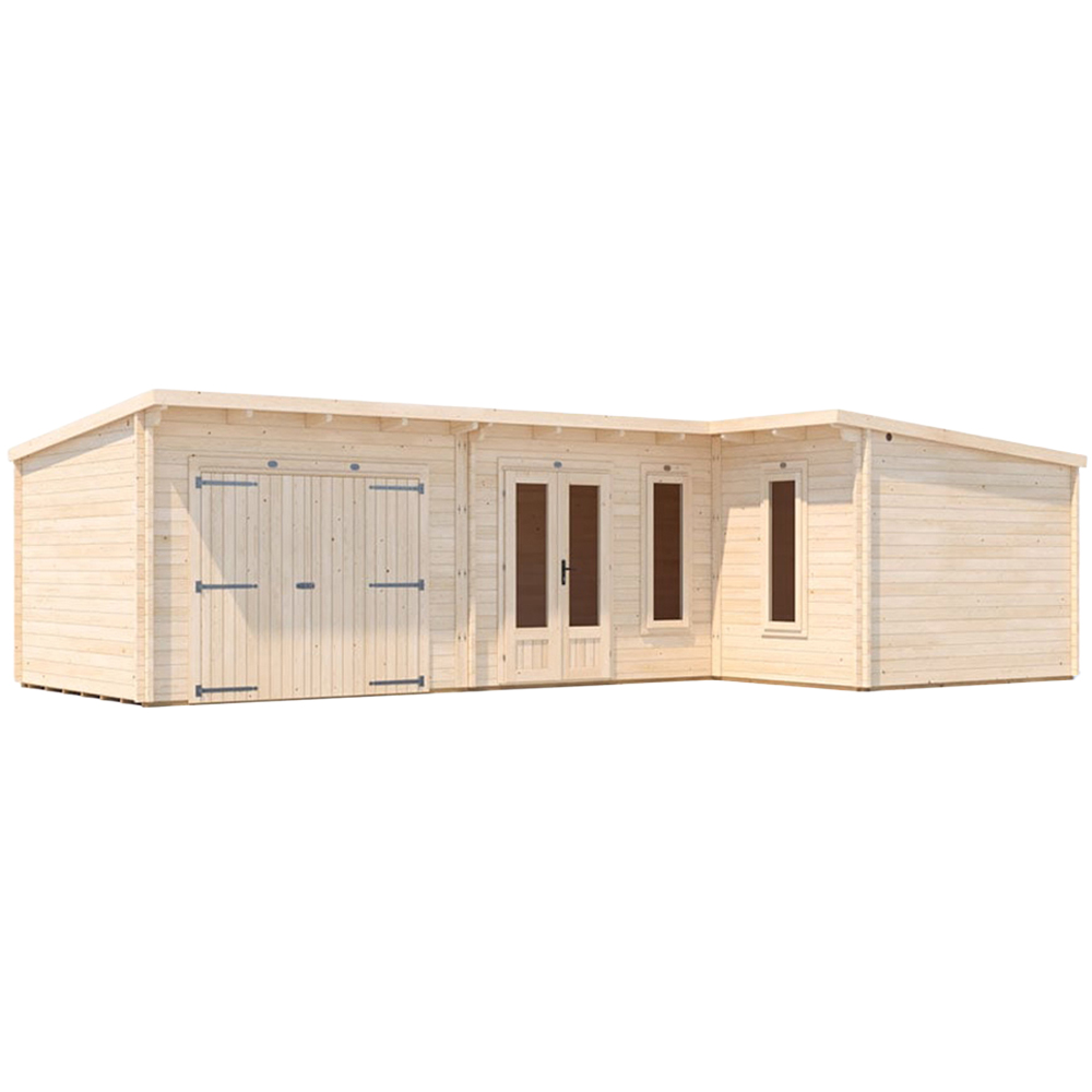 Dunster House HellWolf 30 x 16ft Brown L-Shaped Double Glazed Pent Garden Log Cabin Image 1