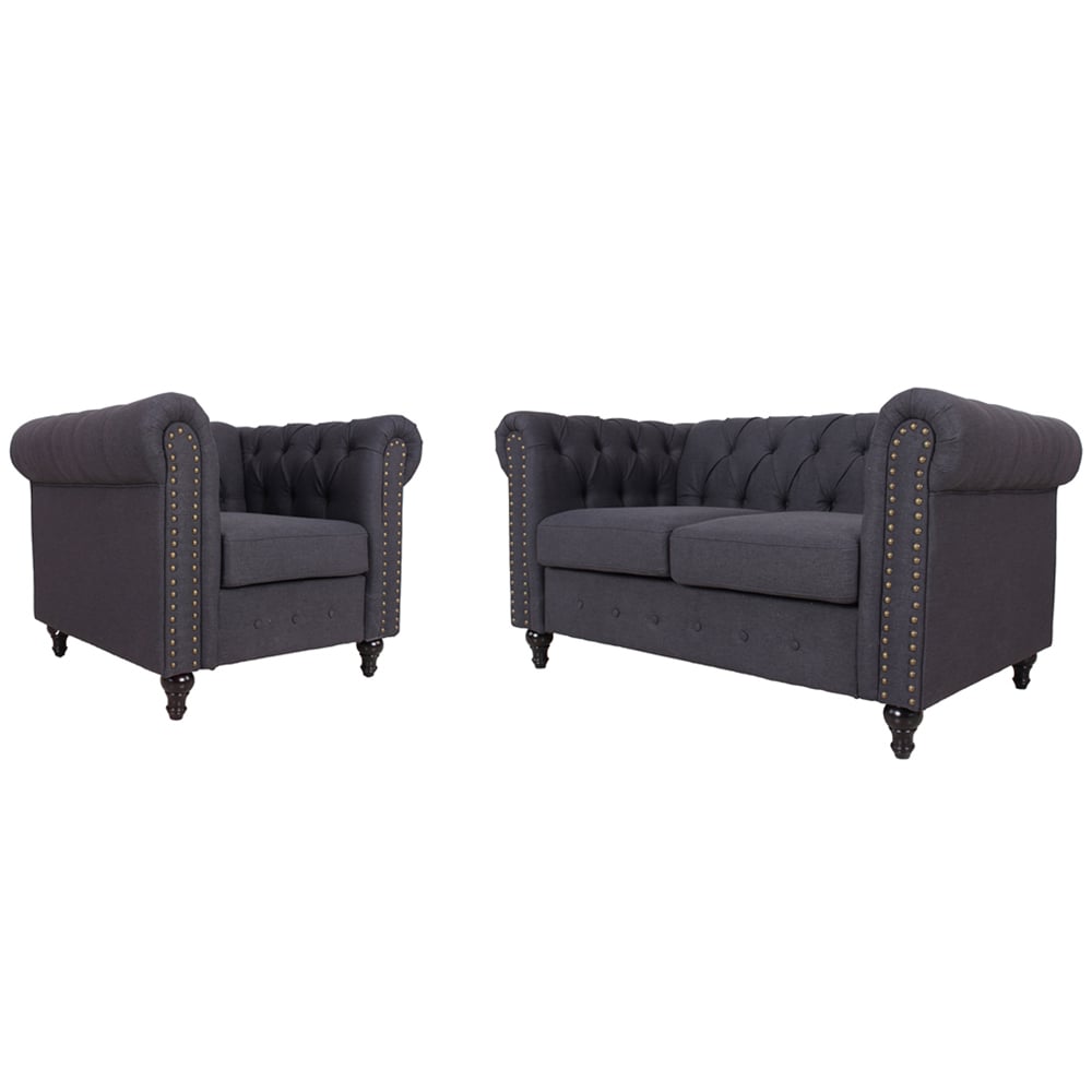 Furniture One Set of 2 Dark Grey Nailhead Trim Upholstered Armchairs Image 2