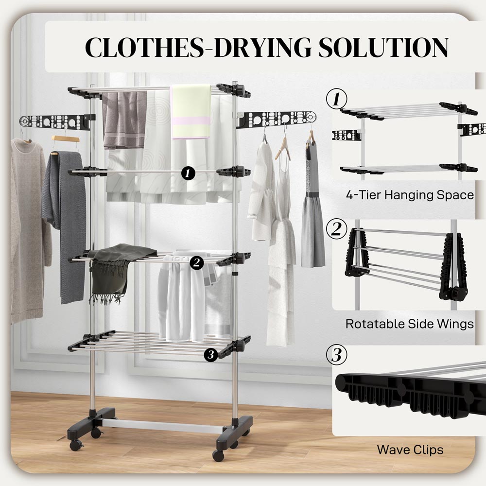 HOMCOM 4-Tier Black Large Stainless Steel Clothes Drying Rack Image 5