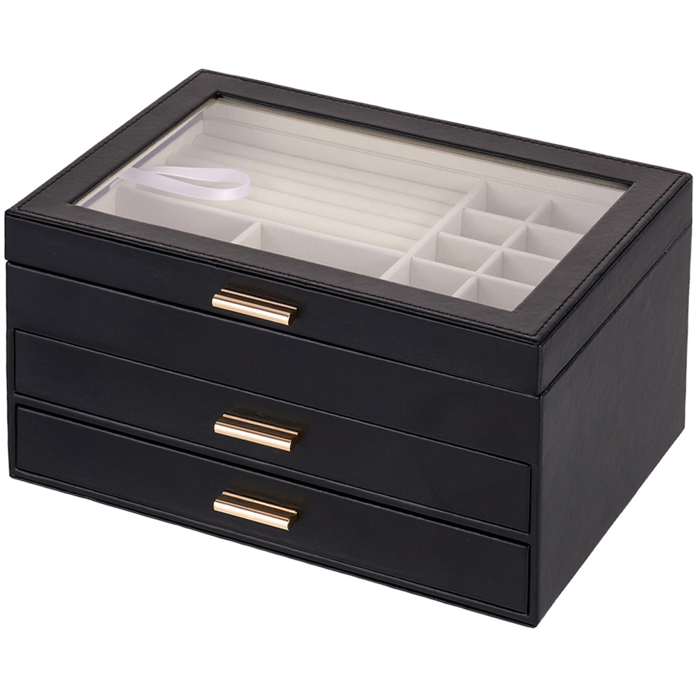 Living and Home 2 Drawer Black PU Leather Jewellery Box with Transparent Lid Image 3