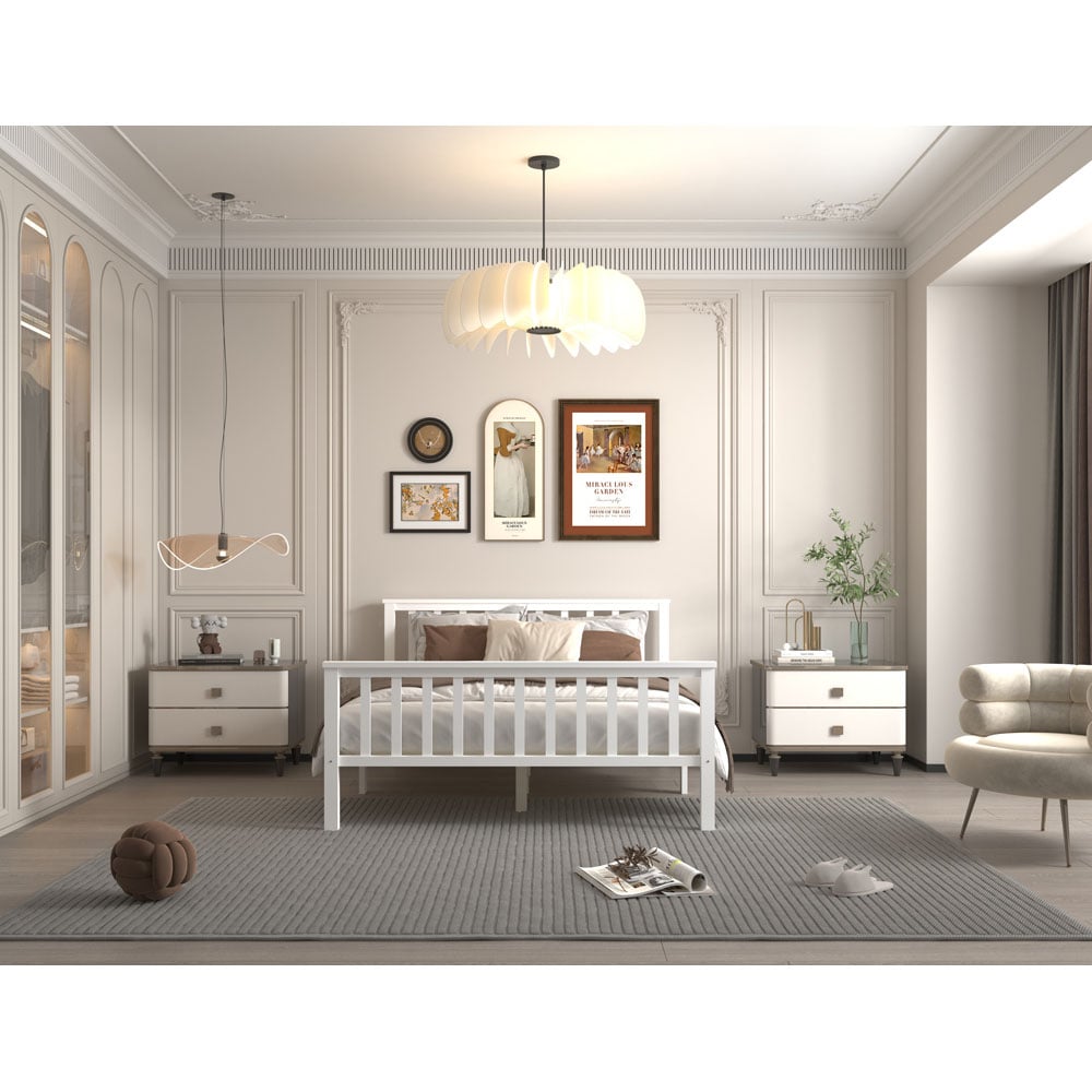 FurnitureHMD Double White Pine Wood Bed Frame with Headboard and Footboard Image 4