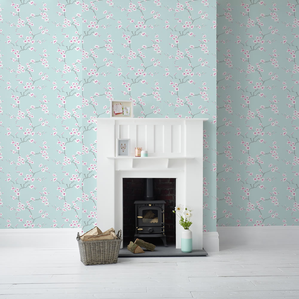 Fresco Apple Blossom Teal and Pink Wallpaper 51066 Image 2