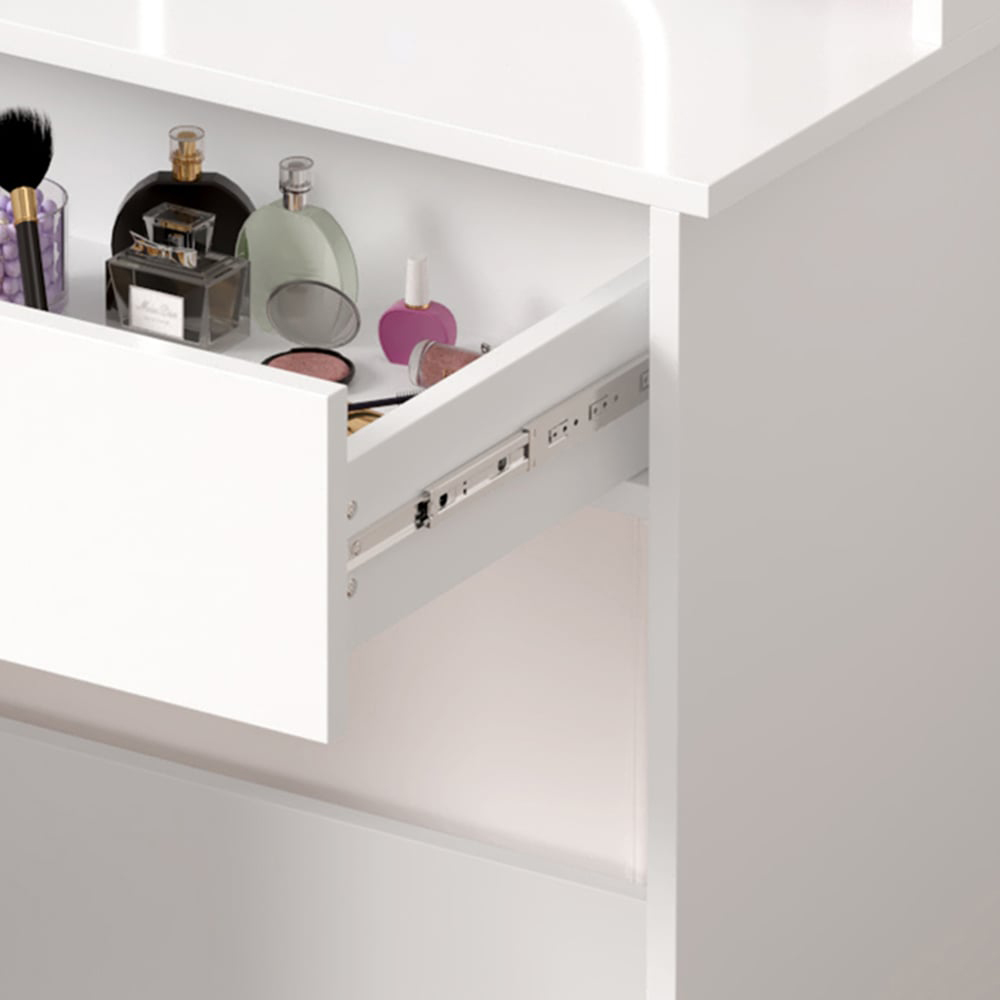 FurnitureHMD Single Drawer 4 Shelf White Wooden Dressing Table with Adjustable LED Mirror Image 4
