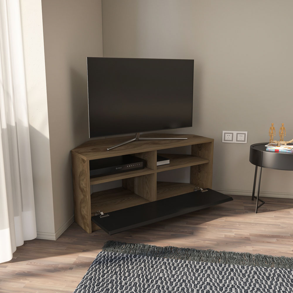 Decorotika Comero Single Door 2 Shelf Oud and Black Corner TV Unit Image 3