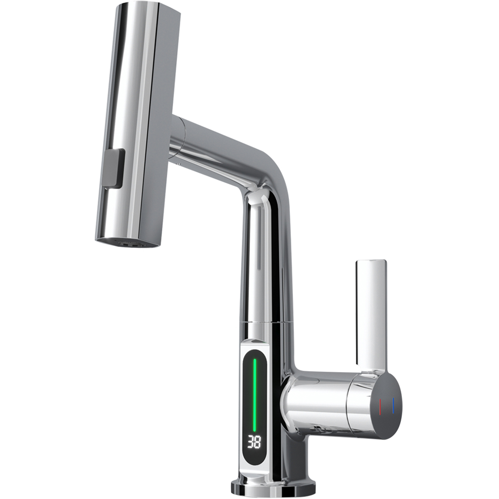 Ener-J Single Hole Chrome Pull Out Waterfall Kitchen Tap with LED Display Image 1