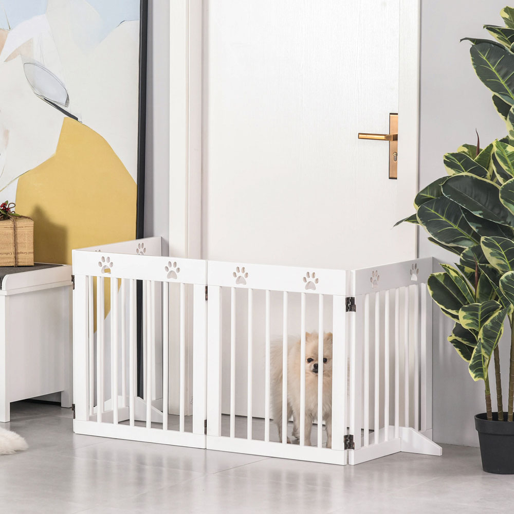 PawHut White 4 Panel Wooden Folding Pet Safety Gate with Support Feet Image 3