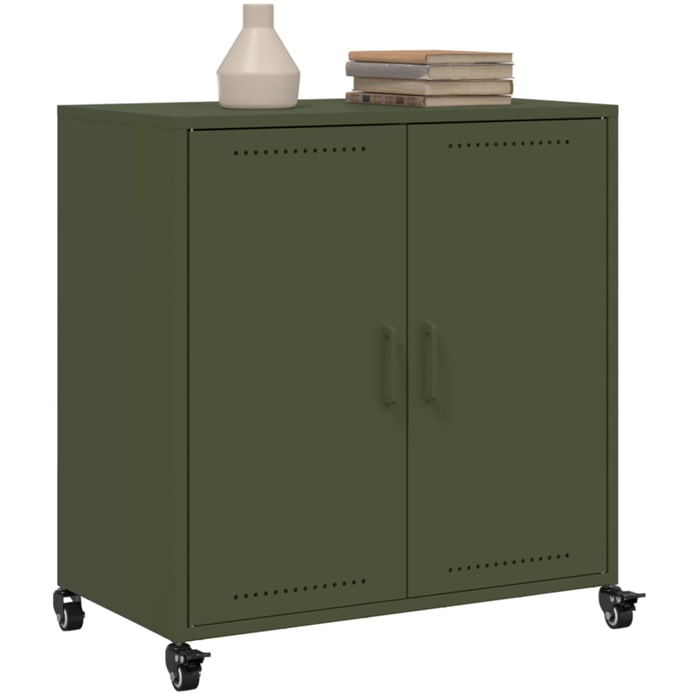 vidaXL 2 Door Olive Green Metal Sideboard with Wheels Image 4