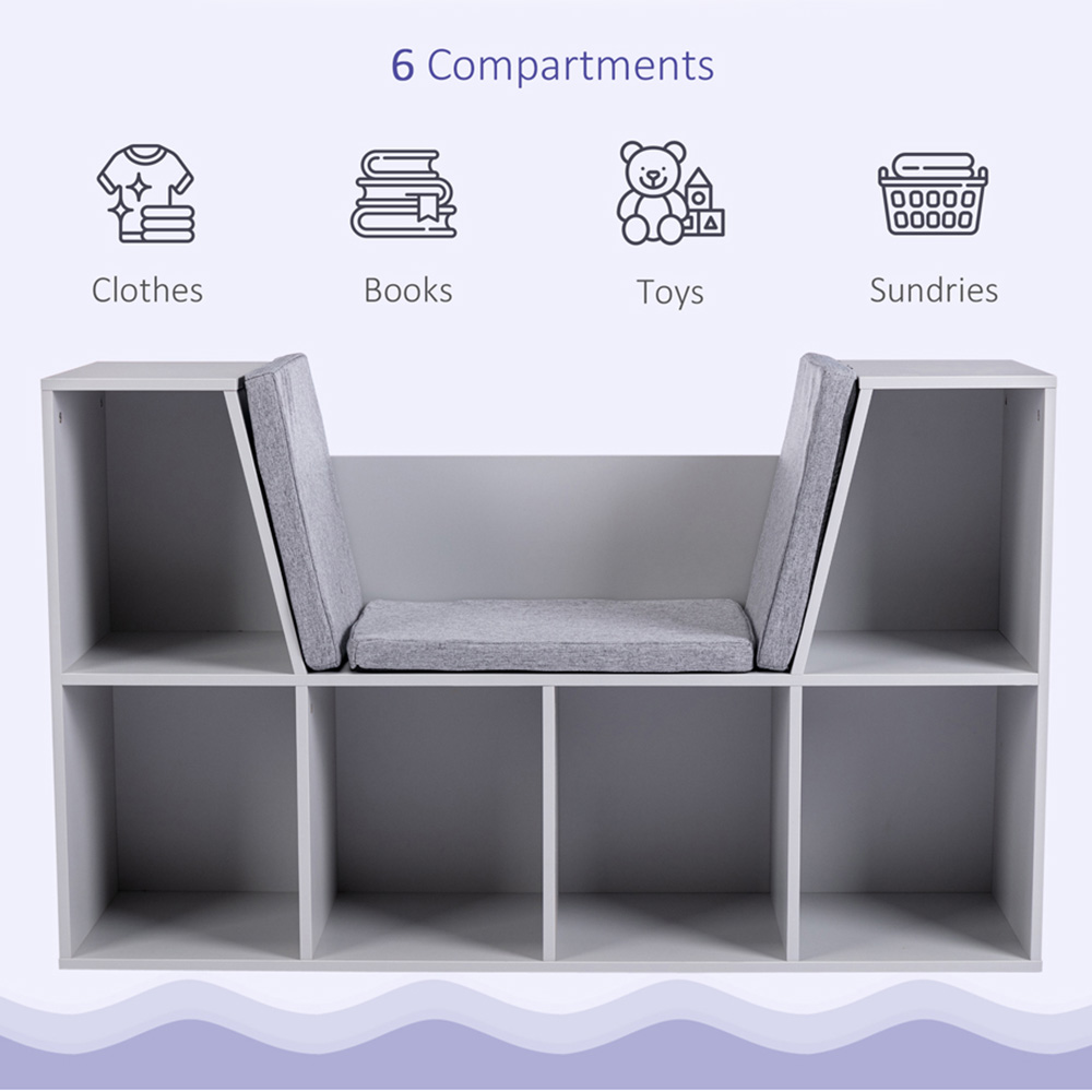 Portland 6 Shelf Grey Kids Bookcase with Cushioned Reading Seat Image 6