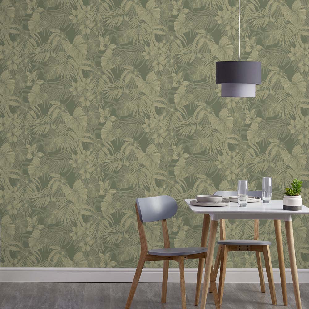 Grandeco Joelle Metallic Floral Fern Outline Green Gold Wallpaper | Wilko