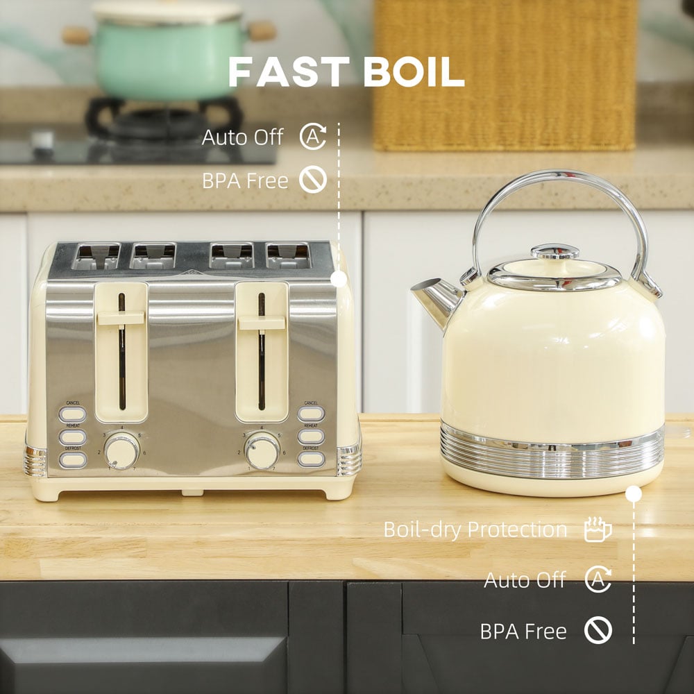 HOMCOM 800-212V70CW Cream 1.7L Fast Boil Electric Kettle 3000W and 4 Slice Toaster Set Image 7