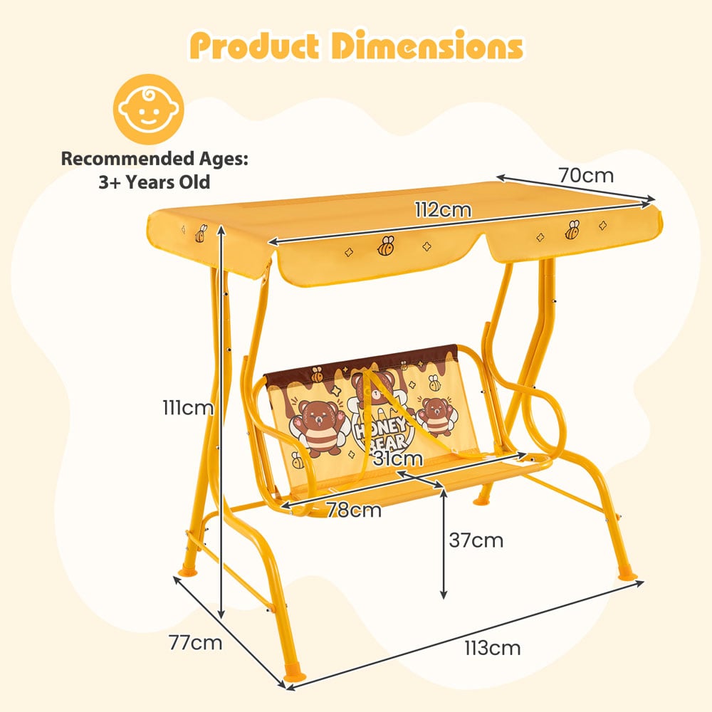 Costway 2 Seater Orange Kids Patio Swing Chair with Adjustable Canopy and Safety Belt Image 7