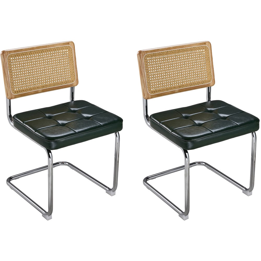 Living and Home Set of 2 Dark Green PU Leather Rattan Back Dining Chairs Image 2